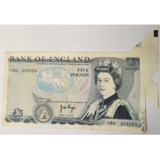 GREAT BRITAIN UK 1970 . FIVE 5 POUNDS BANKNOTE . ERROR . WET INK TRANSFER